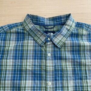 The North Face Hammets Button Up Shirt‎ Mens XXL Short Sleeve Blue Green Plaid